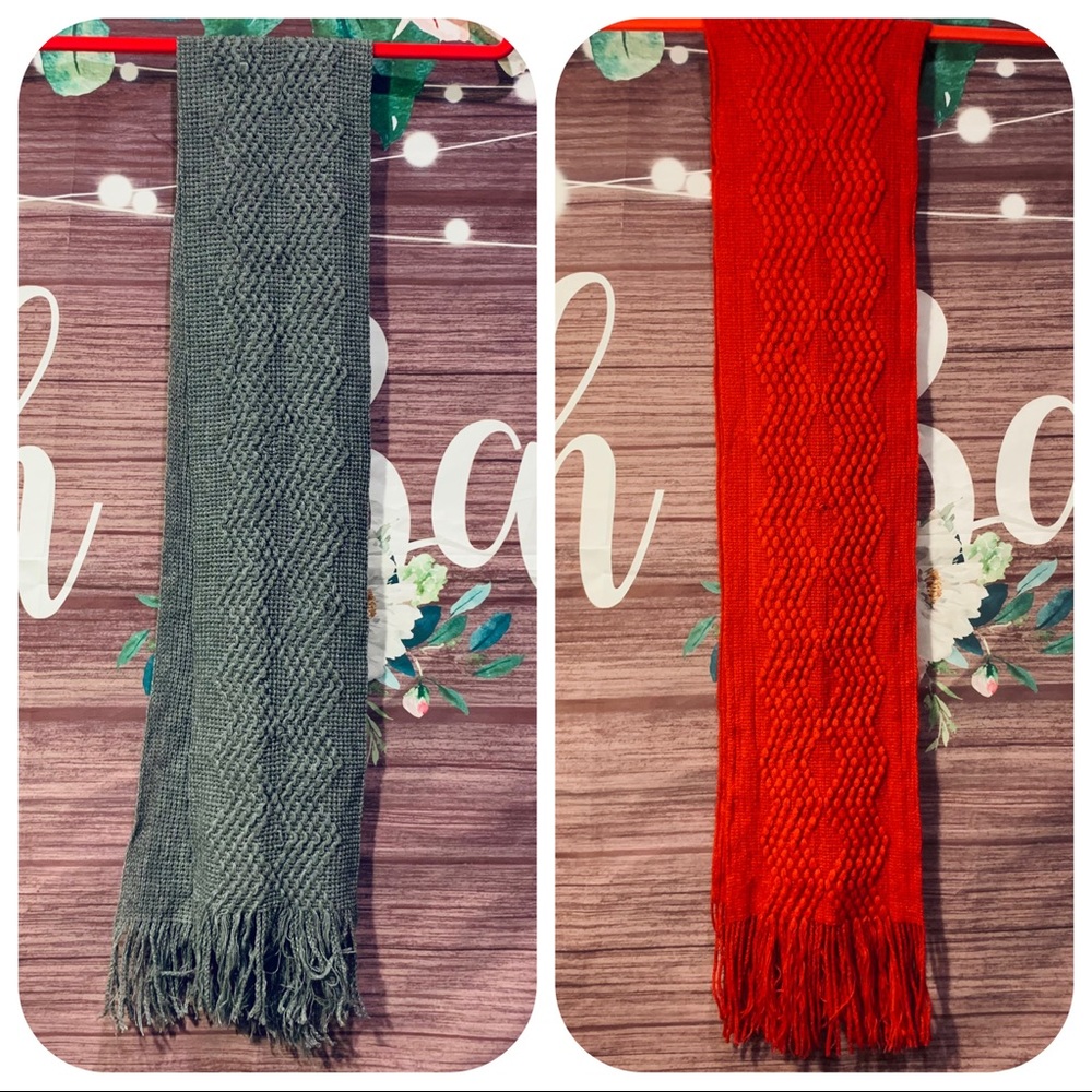 🧣 Gray+Red w/Chevron+Seed Purl Knit Scarf Bundle